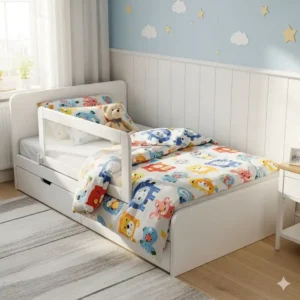 Ein Kinderbett mit einem weißen bettgitter kinder 140x70, das eine sichere und gemütliche Schlafumgebung für ein Kleinkind bietet.