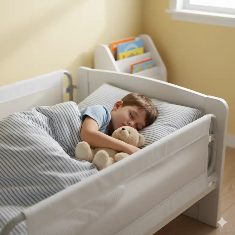 Ein 3-jähriger Junge schläft friedlich in seinem Bett, sicher geschützt durch ein weißes bettgitter kinder 3 jahre, mit seinem Lieblingsteddybär neben sich.