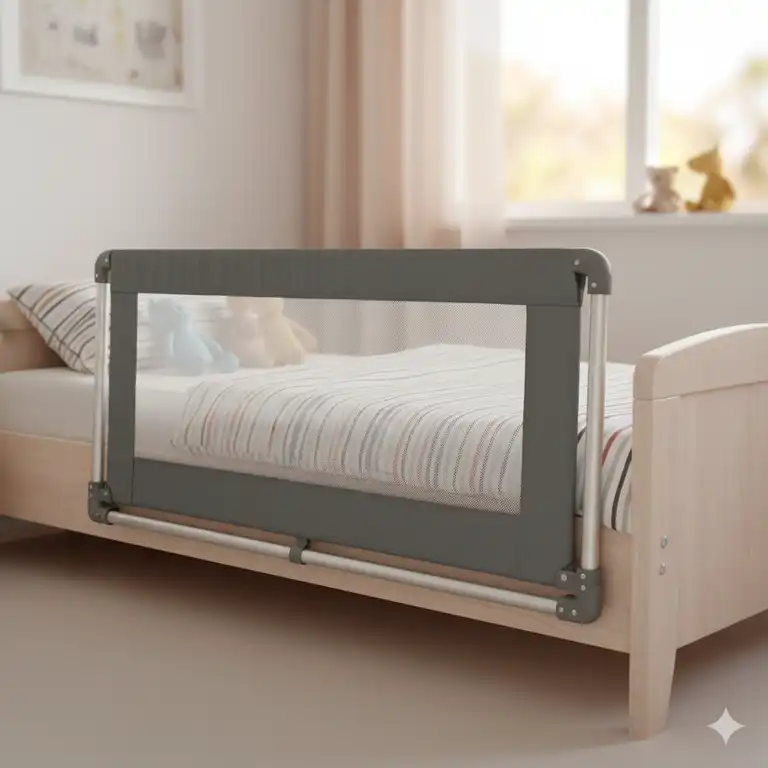 Bettgitter Kinder faltbar: Grauer, robuster Rausfallschutz am Kinderbett für sicheren Schlaf.