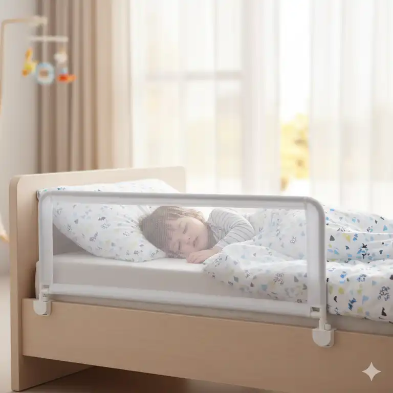 Ein Kind schläft sicher, geschützt durch ein weißes Bettgitter Kinder Sicherheit.