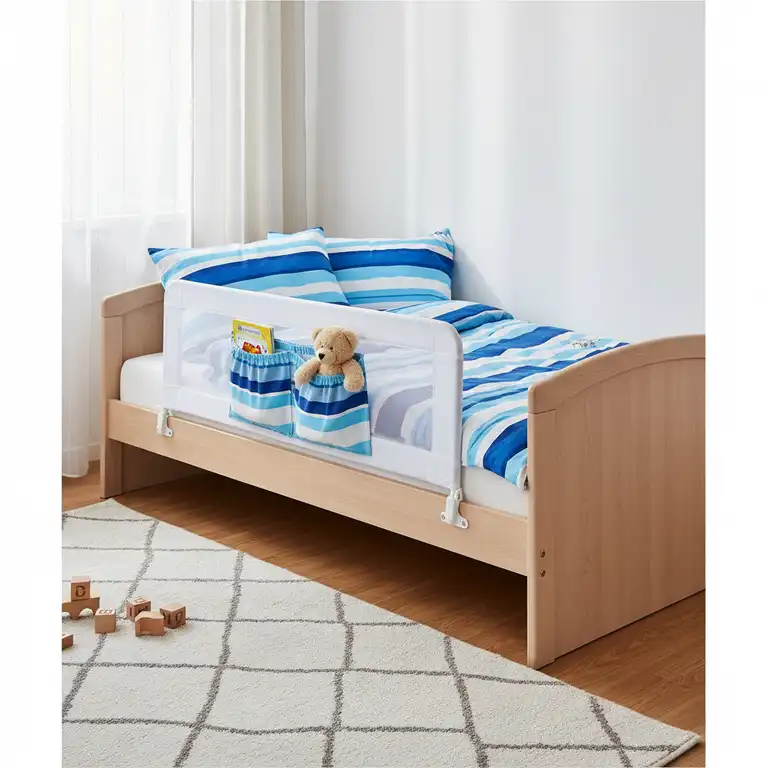 Ein stabiles bettgitter kinder mit tasche, fertig montiert und sicher am Bett befestigt.