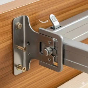 Nahaufnahme des einfach zu montierenden Mechanismus für das bettgitter kinder 140x70 an einem Holz-Bettrahmen.