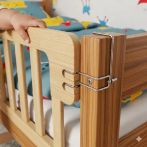 Detaillierte Nahaufnahme von einem Bettgitter Kinder Holz, das an einem Bettrahmen befestigt wird, was den einfachen und stabilen Installationsprozess hervorhebt.