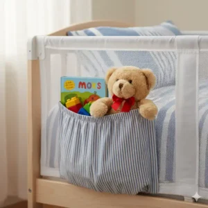 Nahaufnahme der praktischen Tasche des bettgitter kinder mit tasche zur Aufbewahrung.