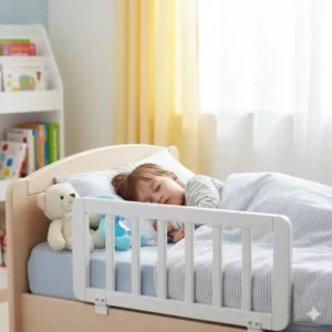 Ein Kleinkind, das sicher in seinem Bett schläft, mit einem Bettgitter für Kinder, das IKEA-kompatibel ist, als Schutz.