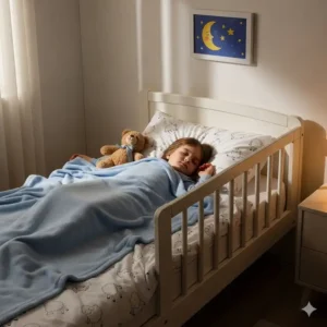 Ein Kind schläft sicher und geborgen in einem Bett mit einem hohen Bettgitter. Bettgitter Kinder Hoch