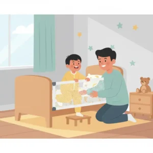 Ein Kleinkind steigt sicher in sein Bett, das durch ein Bettgitter für Kinder 2 Jahre geschützt ist.