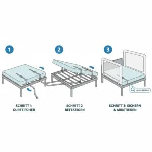 Ein einfaches Diagramm, das den Installationsprozess für ein bettgitter kinder 3 jahre zeigt, mit Fokus auf die sicheren Befestigungsriemen und den schnellen Entriegelungsmechanismus.