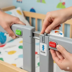 Nahaufnahme der einfachen Montage eines hohen Bettgitters für Kinderbetten.