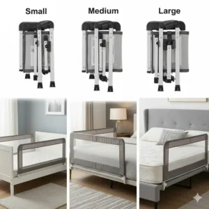 Ein visueller Vergleich verschiedener Größen von bettgitter kinder klappbar, die ihre Anpassungsfähigkeit an verschiedene Betttypen zeigen.