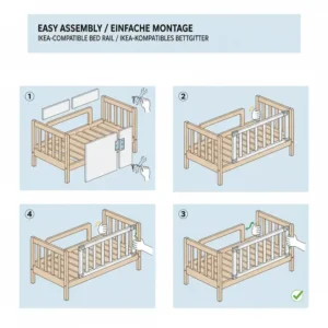 Eine Illustration, die die einfache Montage eines Bettgitter für Kinder, das IKEA-kompatibel ist, Schritt für Schritt zeigt.