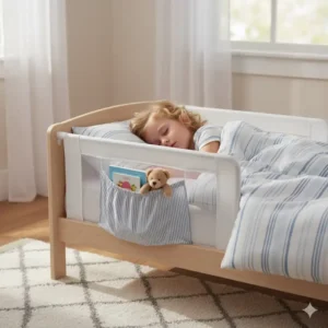 Kleines Kind schläft geschützt hinter dem bettgitter kinder mit tasche.