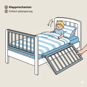 Detailansicht: Praktische Abklappfunktion für den Rausfallschutz. Bettgitter kinder günstig kaufen und einfach bedienen.