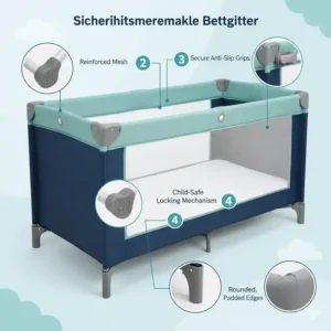 Ein Diagramm, das die Sicherheitsmerkmale des bettgitter kinder reisebett hervorhebt, einschließlich des robusten Befestigungsmechanismus.