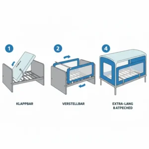 Ein Vergleich verschiedener Modelle von bettgitter kinder 3 jahre, einschließlich klappbarer, verstellbarer und extra langer Varianten für unterschiedliche Bettgrößen.