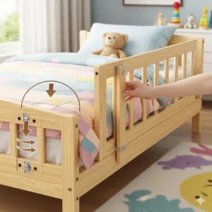 Eine visuelle Darstellung von einem verstellbaren Bettgitter Kinder Holz für Kinder, das seine Vielseitigkeit zeigt, während das Kind wächst.