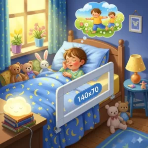 Illustration eines glücklichen Kindes, das sicher hinter einem bettgitter kinder 140x70 schläft, was seine Wichtigkeit für die Kindersicherheit hervorhebt.