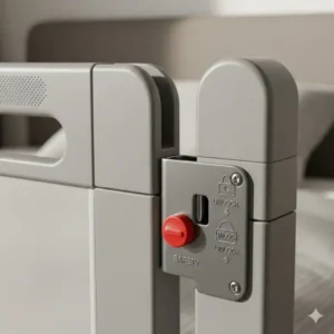 Eine detaillierte Nahaufnahme, die wichtige Sicherheitsmerkmale eines bettgitter kinder klappbar hervorhebt, wie z.B. einen sicheren Verriegelungsmechanismus und abgerundete Ecken.