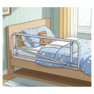 Ein funktionales Bettgitter Kinder Metall in zusammengeklappter Position, was einfachen Zugang zum Bett ermöglicht.