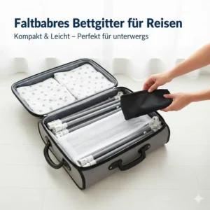 Faltbares Bettgitter für Reisen: Kompaktes und leichtes Bettschutzgitter im Koffer verstaut.