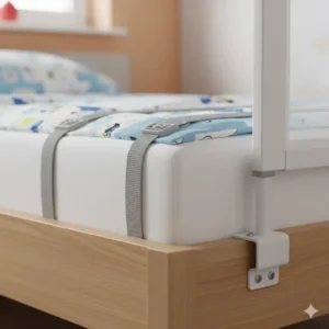 Nahaufnahme der stabilen Fixierung des Bettgitter Kinder Sicherheit unter der Matratze.