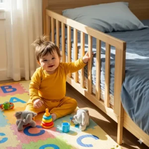 Ein Kleinkind, das sicher mit Spielzeug in der Nähe eines Bettes spielt, geschützt durch ein stabiles Bettgitter Kinder Holz, das Stürze verhindert und einen sicheren Spielbereich gewährleistet.