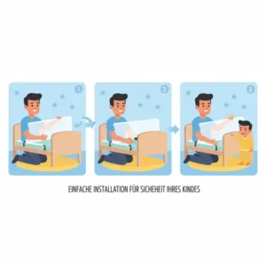 Ein glückliches Kind spielt im Bett, während ein Bettgitter für Kinder 2 Jahre seine Sicherheit gewährleistet.