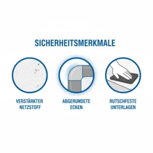 Eine Nahaufnahme, die die Sicherheitsmerkmale eines bettgitter kinder 3 jahre hervorhebt, wie das verstärkte Netzgewebe und die abgerundeten Ecken.