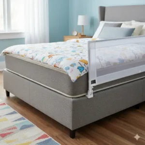 Ein Bettgitter für Kinder ist sicher an einem Boxspringbett befestigt, was seine Kompatibilität zeigt.