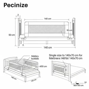 Ein technisches Diagramm, das die genauen Abmessungen des bettgitter kinder 140x70 veranschaulicht und seine Kompatibilität mit Standard-Bettgrößen zeigt.