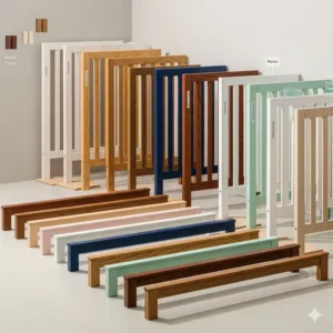 Eine Sammlung von Bettgitter Kinder Holz in verschiedenen natürlichen Holzoberflächen und Farben, die Optionen passend zur Schlafzimmereinrichtung zeigen.