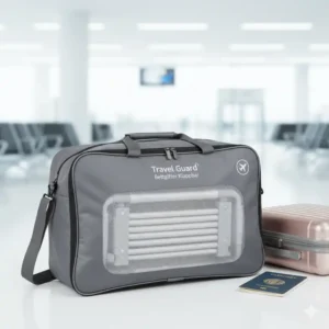 Ein tragbares bettgitter kinder klappbar ordentlich in seiner Reisetasche verpackt, das seine Bequemlichkeit für Reisen betont.