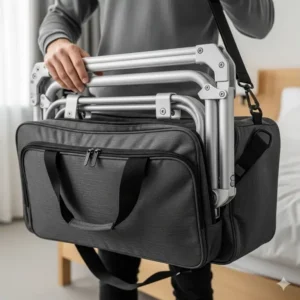 Ein kompaktes, zusammengefaltetes Bettgitter Kinder Metall, das für Reisen verpackt ist.