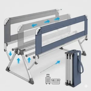 Ein zusammengeklapptes, kompaktes Bettgitter aus Stoff für Kinder, das seine Eignung als tragbarer Rausfallschutz für Reisen demonstriert.