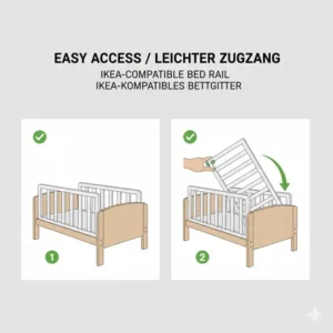 Ein Diagramm, das die Klappfunktion eines Bettgitter für Kinder, das IKEA-kompatibel ist, demonstriert.