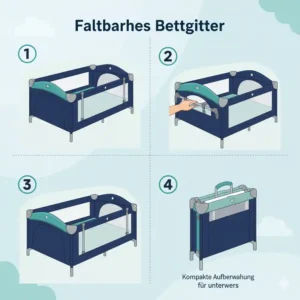 Eine Darstellung des zusammenklappbaren bettgitter kinder reisebett für platzsparende Lagerung und einfachen Transport.
