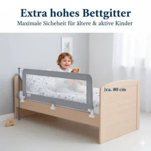 Extra hohes Bettgitter: Visualisierung der Höhe für ältere oder sehr aktive Kinder und maximale Sicherheit.