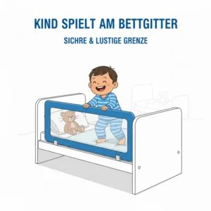 Eine fröhliche Illustration eines 3-jährigen Kindes, das sicher ins Bett klettert, mit einem stabilen bettgitter kinder 3 jahre, das eine beruhigende Barriere bildet.