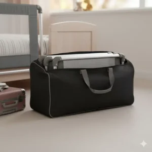 Kompakt zusammengefaltetes Bettgitter Kinder faltbar in der Transporttasche für die Reise.