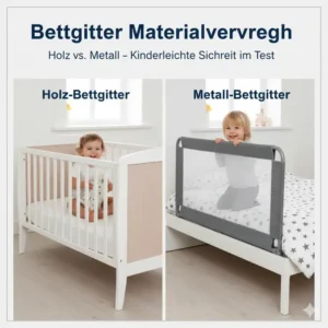 Bettgitter Materialvergleich: Darstellung von Modellen aus Holz und Metall, geprüft im Kinder Test.
