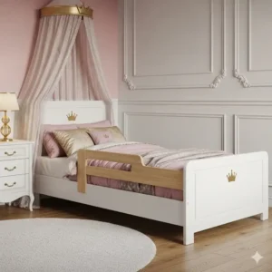 Ein gemütliches Bettgitter Kinder Holz, nahtlos in ein prinzessinnen-thematisiertes Kinderzimmer integriert, was zeigt, wie es verschiedene Einrichtungsstile ergänzt.