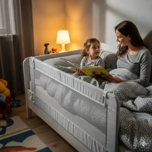 Ein beruhigendes Bild von einem Elternteil, das seinem Kind eine Gutenachtgeschichte vorliest, mit einem Bettgitter aus Stoff für Kinder, das Sicherheit gewährleistet.