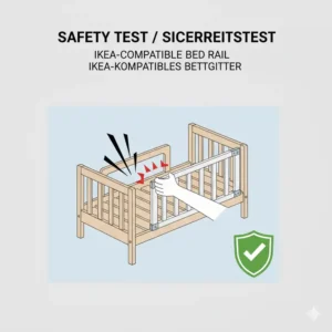 Eine Abbildung, die einen Sicherheitstest an einem Bettgitter für Kinder, das IKEA-kompatibel ist, darstellt, um dessen Stabilität zu unterstreichen.