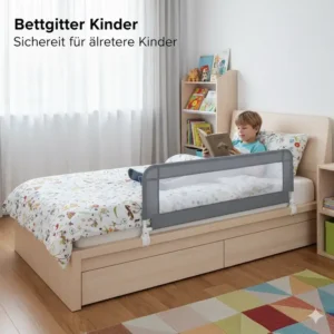 Ansicht eines Einzelbettes mit einem langen Bettgitter Kinder Sicherheit für optimale Absicherung.