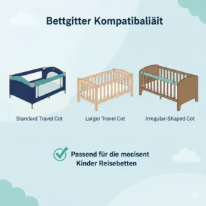 Eine visuelle Darstellung, die zeigt, wie das bettgitter kinder reisebett mit verschiedenen Arten von Kinderreisebetten kompatibel ist.