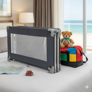 Ein tragbares bettgitter kinder 140x70, zusammengeklappt für Reisen, um seine Vielseitigkeit und einfache Handhabung zu demonstrieren.