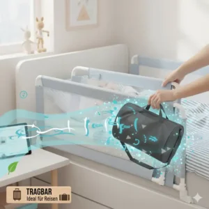 Tragbares bettgitter kinder amazon bestseller mit Tasche, ideal für Reisen und Übernachtungen.