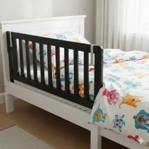 Ein robustes Bettgitter Kinder Holz, installiert auf einem Standard-Kleinkindbett, speziell entworfen, um zusätzlichen Schutz für kleine Kinder beim Übergang vom Gitterbett zu bieten.