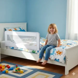 Eine Darstellung des heruntergeklappten bettgitter kinder klappbar, das es dem Kind leicht macht, ins Bett zu kommen und aufzustehen.