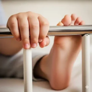 Eine Nahaufnahme, die die Stabilität und Höhe eines Bettgitters Kinder Metall darstellt.